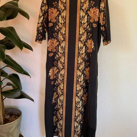 Vicky & Lucas V-Neck Loose Fit Maxi Dress Asymmetrical Sheer Hemline Pockets - Picture 3 of 14